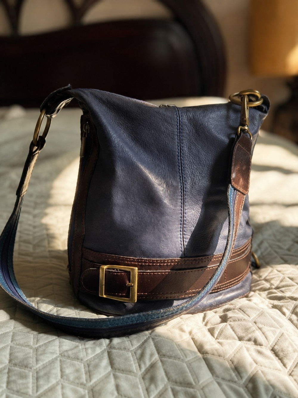 Genuine Leather Italian Bag Crossbody / Shoulder Navy and Brown